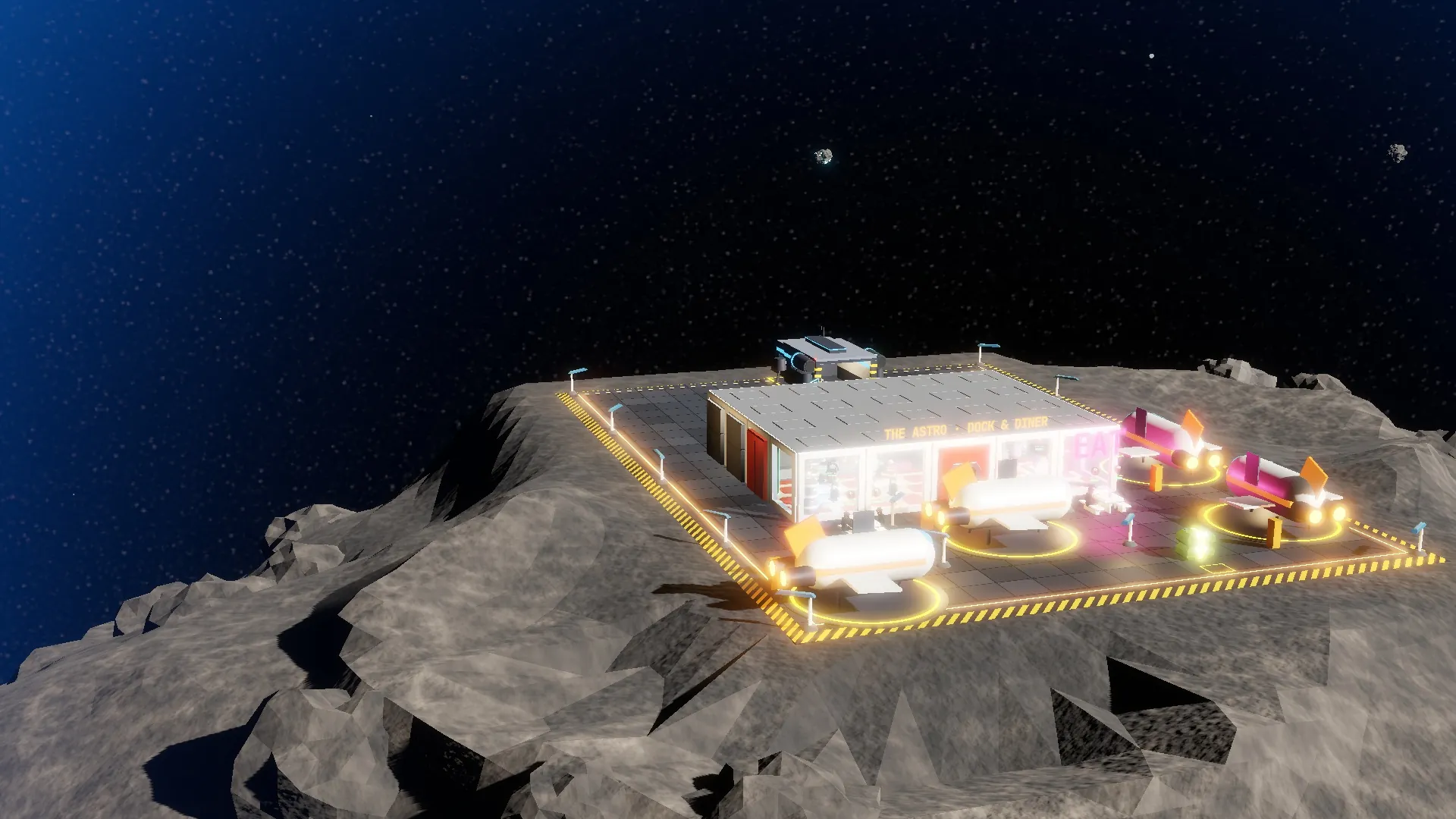 The Astro at night: the diner on its asteroid, its sign lit, four ships parked at the landing ports and the supply hauler out back