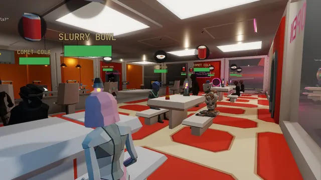 The dining room at full house: customers at every table, order bubbles for Slurry Bowl and Comet Cola over them