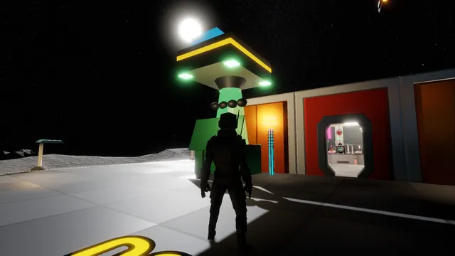 Out back at night: the garbage scow hovering over the waste skip while a crew member watches