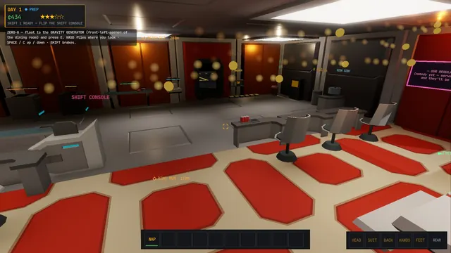 Burning globs of napalm drifting through the empty dining room in zero gravity