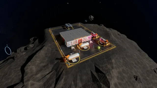 The diner on its asteroid from above, ships parked at the glowing landing ports