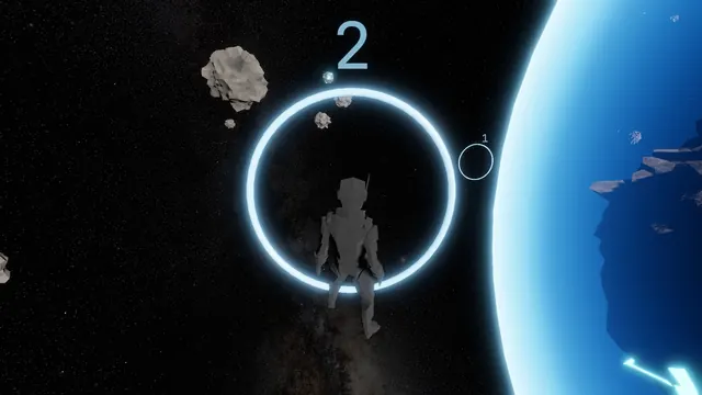 A suited crew member flying through a glowing ring numbered 2, a blue planet behind